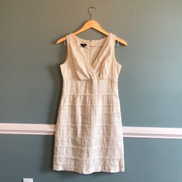 Talbots beige linen tiered raw hem textured beachy sheath dress. Spring Easter - Picture 1 of 8